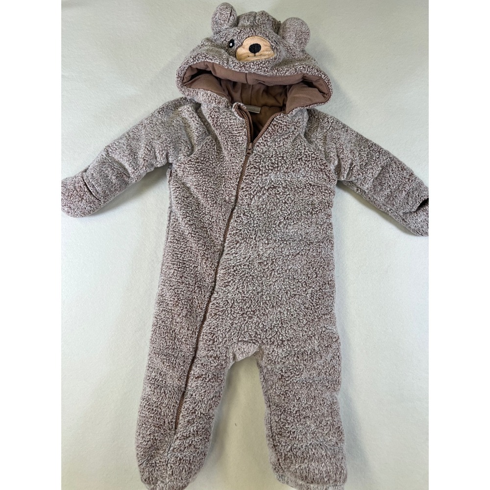 Koala Baby Brown Sherpa Fleece Bear Hooded Pram Suit 9-12M Full Zip Mittens